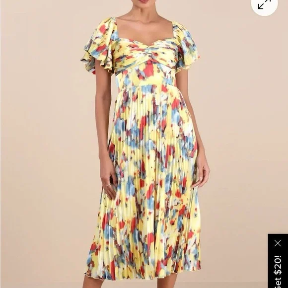 Lulu's Yellow Multicolor Pleated Midi Dress - Picture 2 of 2